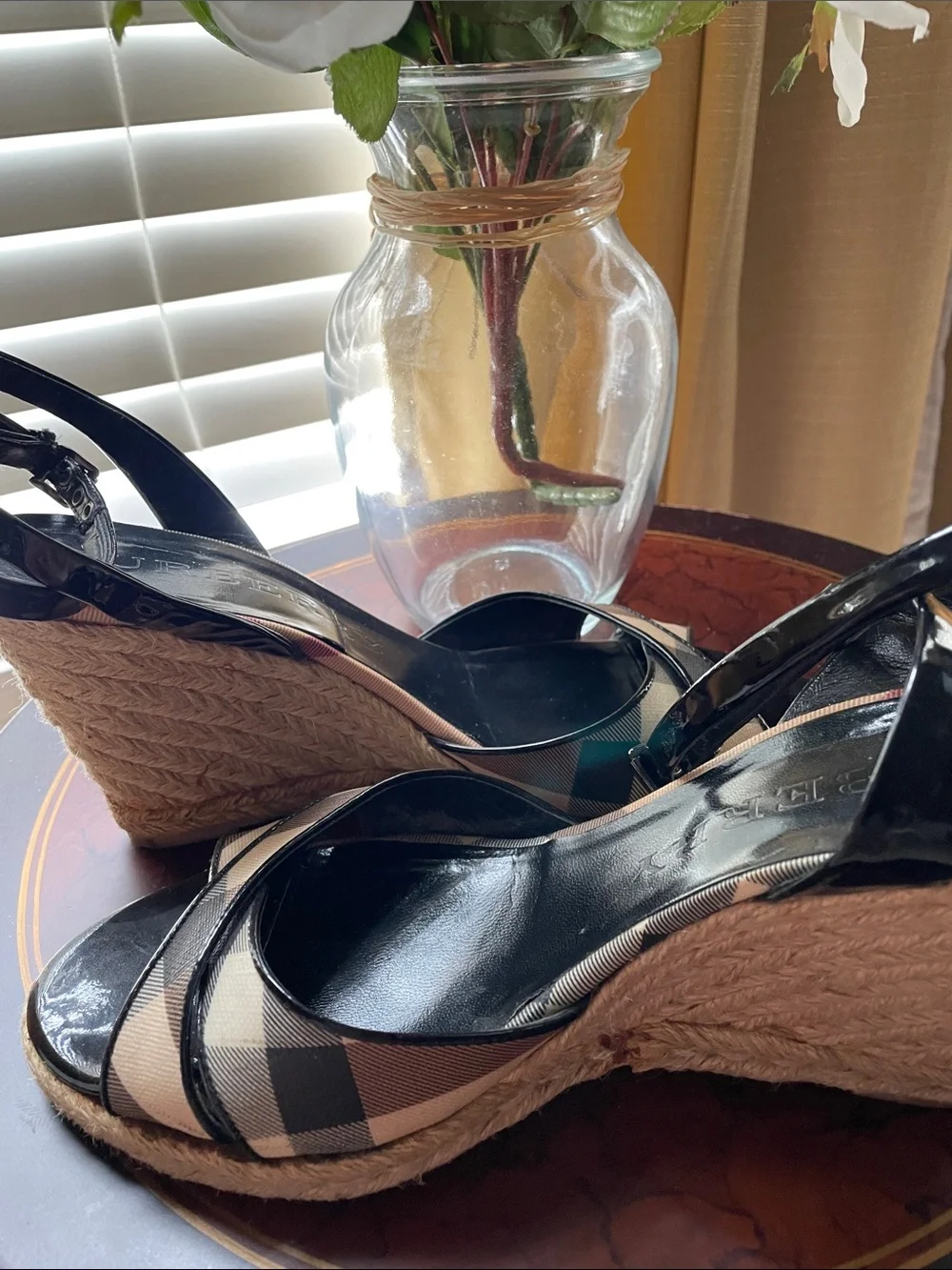 Burberry Beige & Black Check Espadrille Wedge Sandals